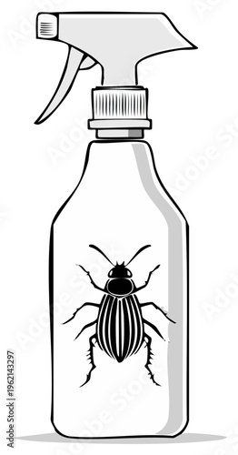 Pest control insecticide spray bottle with a Colorado potato beetle illustration