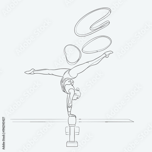 Gymnastics athlete silhouette with number 87, female gymnast performing splits in front of red and green numbers, rhythmic gymnastics vector illustration