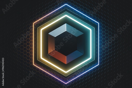 Abstract futuristic neon hexagon icon with blue and orange glowing lines
