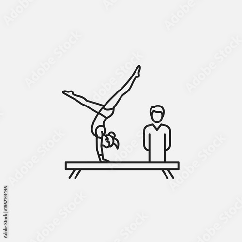 Gymnastics balance beam icon, female gymnast performing handstand with coach, minimalist line art vector for sports training and competition
