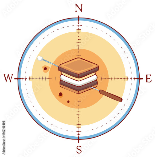 Conceptual illustration of a camping s'more treat on a navigational compass for outdoor adventure