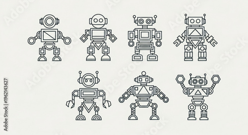 Collection of six unique robot illustrations in various poses on a plain background