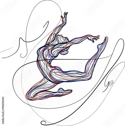 Rhythmic gymnastics vector illustration, graceful gymnast jumping with ribbon, abstract line art of female athlete in motion, sports competition graphic