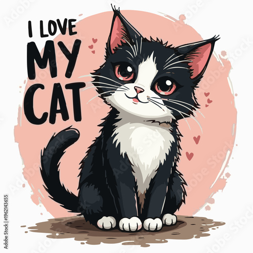 A cute black and white tuxedo cat illustration with the text i love my cat on a pink background