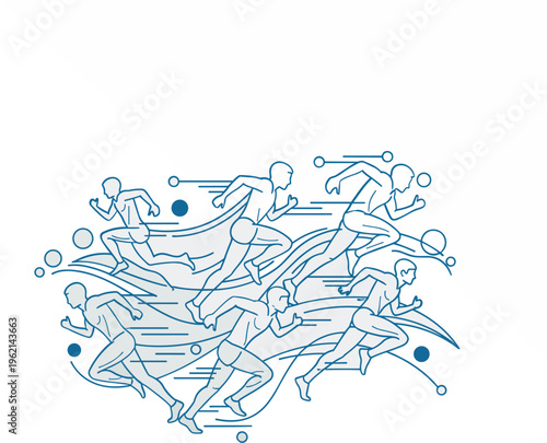 Running man logo icon, blue line art athlete sprinting on track, minimalist sports vector graphic for fitness app or marathon branding