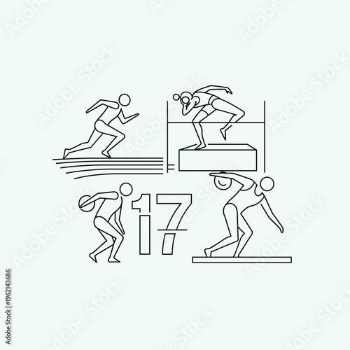 Minimalist track and field sports icons, set of 17 athletic competition line drawings, professional decathlon and pentathlon event vector illustrations