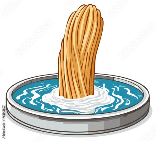 Crispy golden churros submerged in a blue dish of dipping sauce with white foam