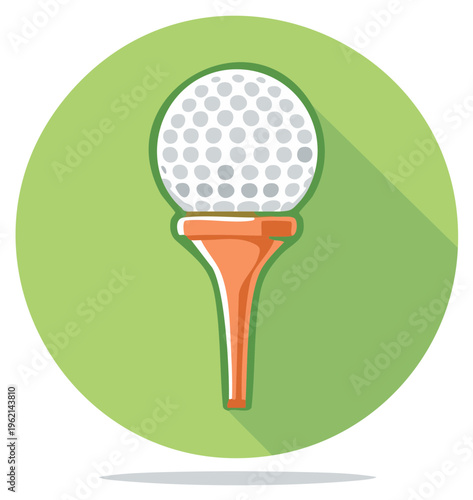 Golf ball sits on orange tee in a green circle casting a shadow, sport icon