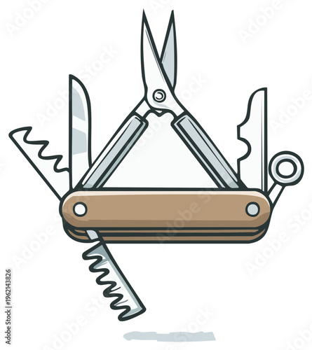 Multipurpose folding pocket knife with several tools including scissors and knife open, isolated on white, handy adventure gadget