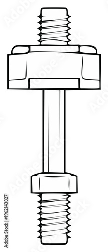 Technical line art illustration of a robust threaded stud with two hexagonal fastening nuts