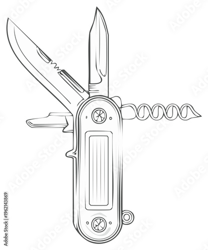 Detailed Line Art Illustration of a Multi-Tool Pocket Knife with Open Blades and Corkscrew