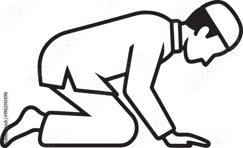 Muslim Man Praying Salah and Reading Quran Vector Set - Islamic Worship Positions Line Art Illustration