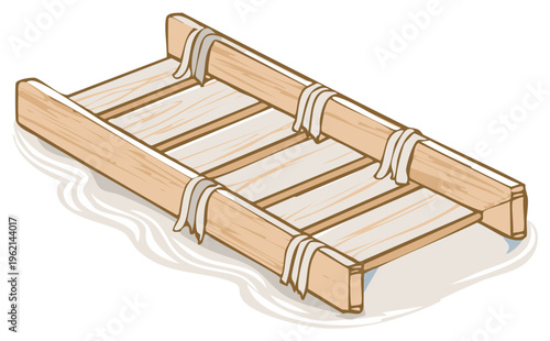 Cartoon illustration of a handmade wooden raft floating on water