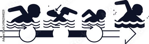 Swimming technique diagram with front crawl stroke phases, black silhouette swimmer icons in water, freestyle swimming instructional vector set