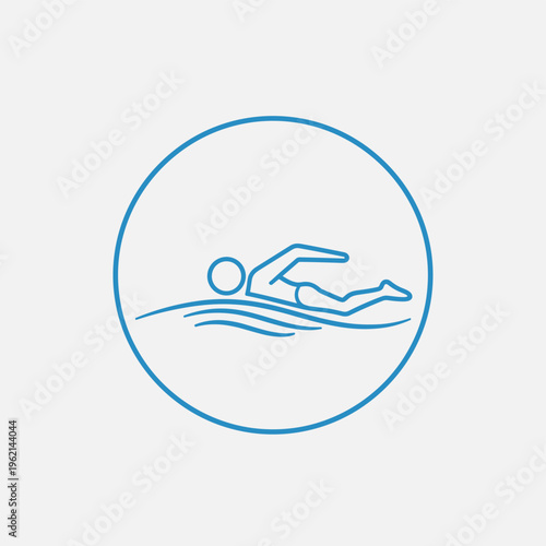 Minimalist swimming icon vector, blue line art swimmer in water waves, circular sports logo for pool and aquatic fitness branding