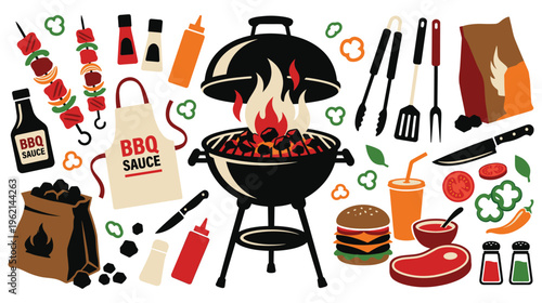 Outdoor grill station vector set with food and professional kitchen.