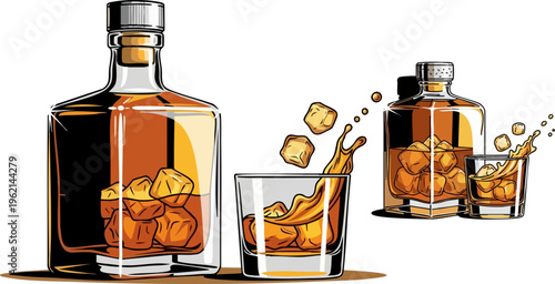 Vintage whiskey bottle and glass with ice cubes, amber bourbon liquor splashing in a tumbler, classic bar drink vector illustration set