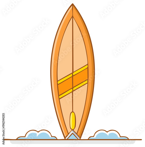 Illustration of a Standing Orange Surfboard on Sand With Clouds Ready for Surfing