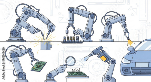 Industrial robotic arms performing various tasks with tools and components on a white background near a car