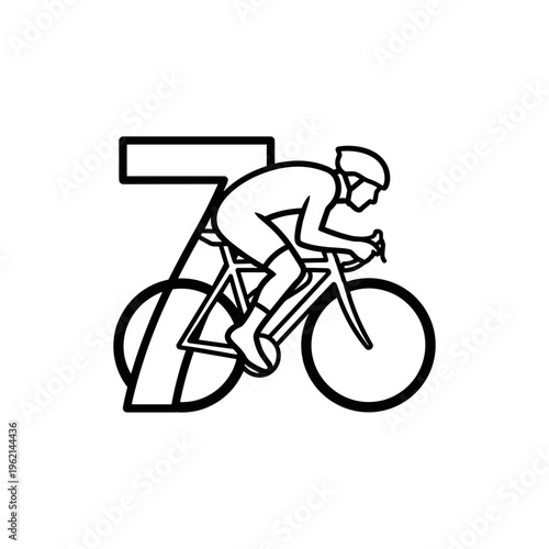 Minimalist cycling logo with number 7, professional road cyclist on racing bike vector, black and white sports emblem for competition or club