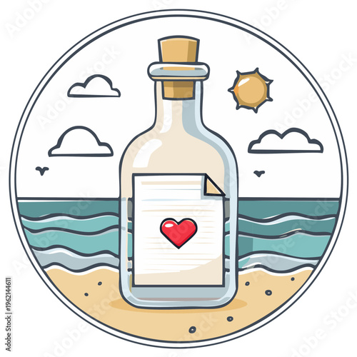 Glass bottle with love letter and red heart washed ashore on sandy beach with ocean waves and sunny sky