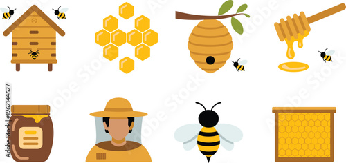Beekeeping honey vector set with bees hive jar and beekeeper icons, natural organic production illustration collection