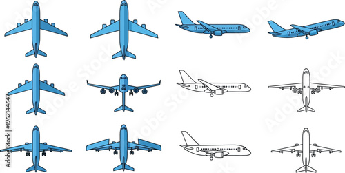 Set of Airplane Icons with Different Angles and Perspectives for Aviation and Travel