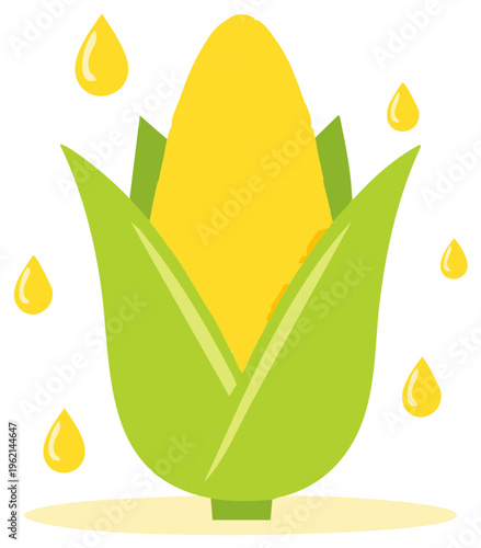 Illustration of fresh corn cob with leaves and yellow oil droplets, stylized design