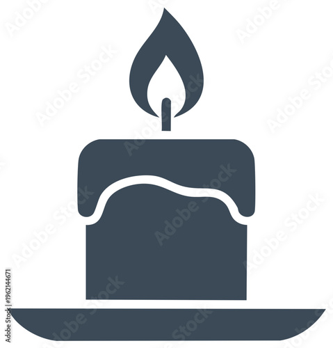 Dark blue icon of a lit candle with dripping wax on a flat circular base