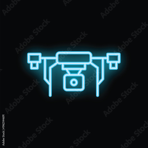 Blue neon sign of an unmanned aerial vehicle with camera for aerial photography
