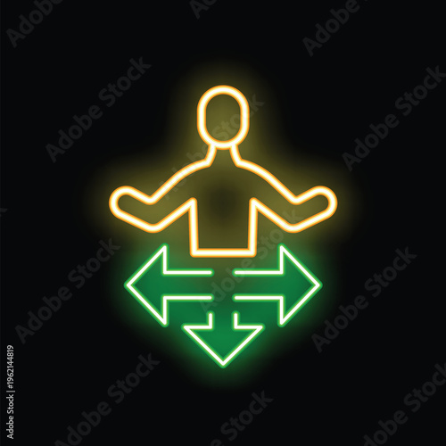 Neon sign of a person with arms outstretched deciding a direction with four arrows pointing in different directions