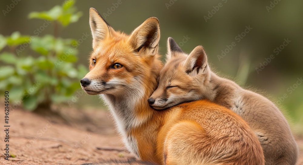 Fototapeta premium Adorable red fox mother and cub, a tender wildlife moment, vixen and kit in natural habitat, heartwarming animal family portrait, symbol of maternal love and wild nature.