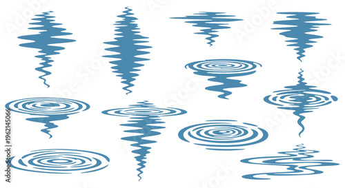 Set of Blue Water Ripples and Dynamic Wave Patterns on Isolated White Background