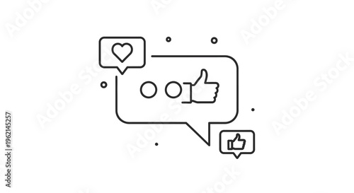 Social media notification bubble with like, comment, and share icons, isolated white background