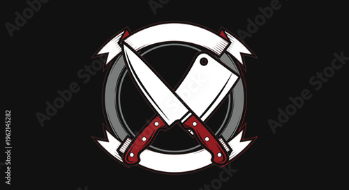 Crossed chef's knives and a meat cleaver in a circular emblem with a banner on a dark background, representing a butcher shop or culinary brand.