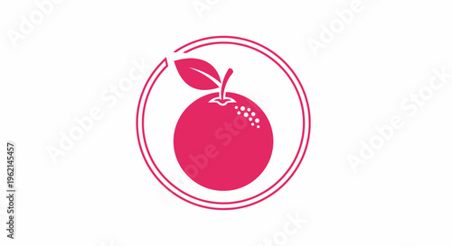 Fresh red orange fruit icon with a green leaf, set within a circular frame on an isolated white background.