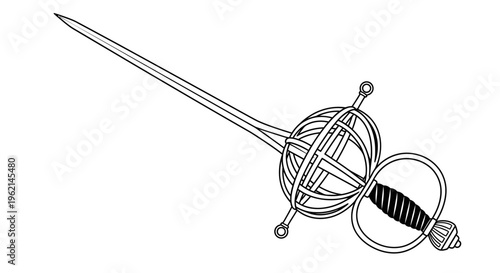 Detailed outline illustration of a classic rapier sword, representing historical weaponry and elegant combat, on an isolated white background.