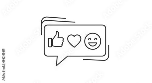 Social media speech bubble with like, heart, and happy face icons in outline style on isolated white background.