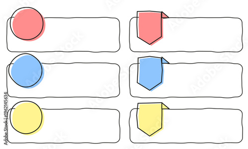 手描き風の丸アイコンとタグ付き見出しフレームのシンプルで使いやすいカラーバリエーションラベルセット素材