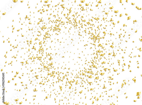 白背景に舞い散るゴールド紙吹雪が円形フレームを描く華やかなパーティー装飾用ラグジュアリー背景素材