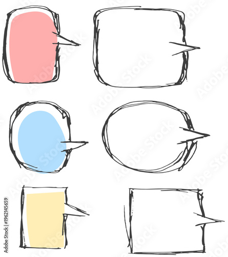 ラフな手描き線で囲まれた吹き出しとフレームのセットで親しみやすいデザインに使えるスケッチ風装飾素材