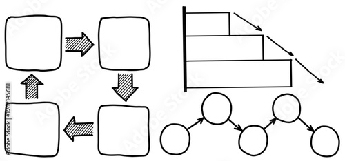 手書き風のフローチャートやステップ図とツリー構造をまとめたビジネス資料向けシンプル線画ダイアグラム素材セット