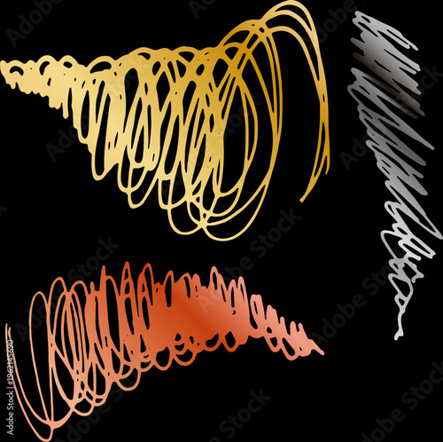 黒背景に映えるカラフルな手描きスクリブルラインの抽象アートでダイナミックな動きを表現した背景素材