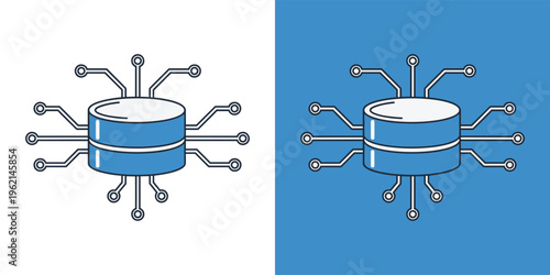 Modern vector illustration of a central database or server system with integrated circuit components, symbolizing digital technology, data processing, and network connectivity