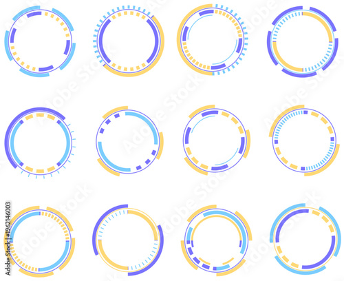 青と黄色を基調とした近未来的な円形インターフェースデザイン多様なバリエーションのHUD風サークルフレームセット素材