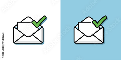 Email confirmation icon with an open envelope and a green checkmark, symbolizing successful message delivery, secure communication, and mail receipt notification