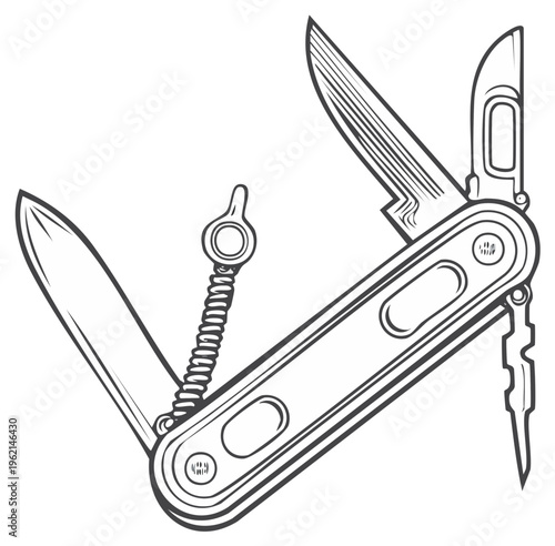 Detailed Line Art of a Multi-Tool Knife with Various Blades and Attachments, Open for Outdoor or Camping Use