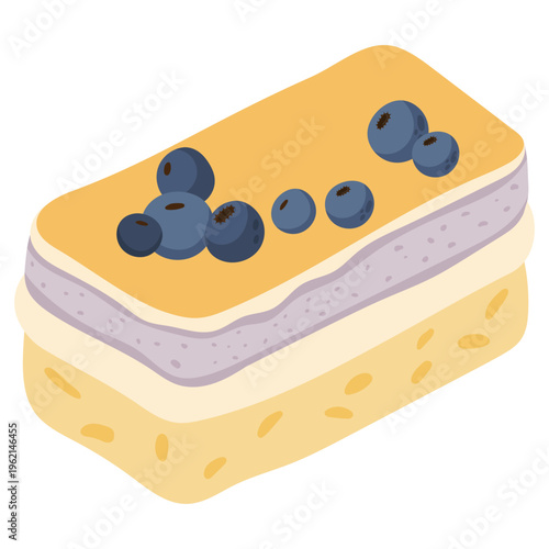 Delicious slice of blueberry cake with creamy layers and fresh berries on top. Minimal flat style illustration perfect for birthday designs, party decorations, greeting cards, invitations, menus