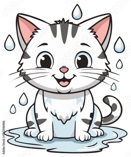 Happy cartoon tabby cat sitting cheerfully in a water puddle, surrounded by playful droplets.