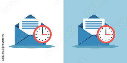 Illustration of a scheduled email or time-sensitive message, featuring an open envelope with a document and an overlaying clock, indicating delivery deadlines
